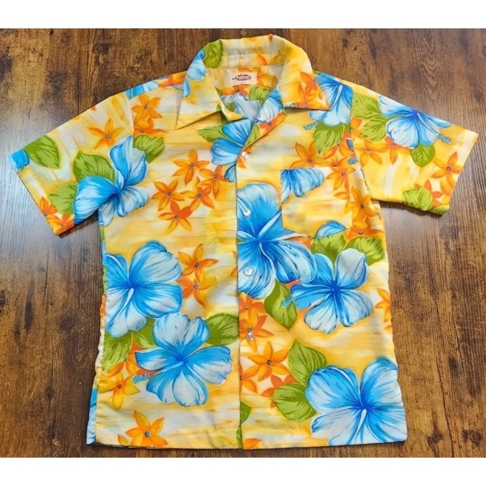 Vtg 60s-70s POMARE Tahiti Hawaiian Shirt Bright Floral Yellow Blue Hibiscus M/L